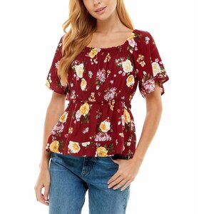 Derek Heart Women's Off Shoulder Peasant Top In Burgundy Floral Size Small